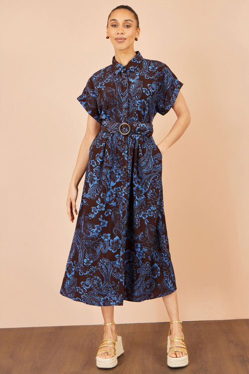 Yumi Brown Paisley Midi Shirt Dress