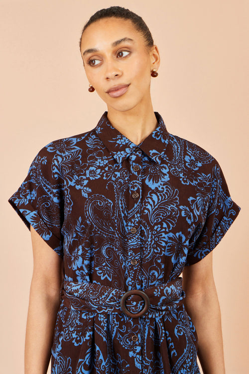 Yumi Brown Paisley Midi Shirt Dress