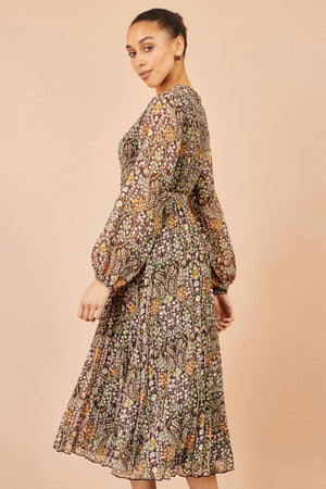 Yumi Brown Ditsy Floral Pleated Midi Dress