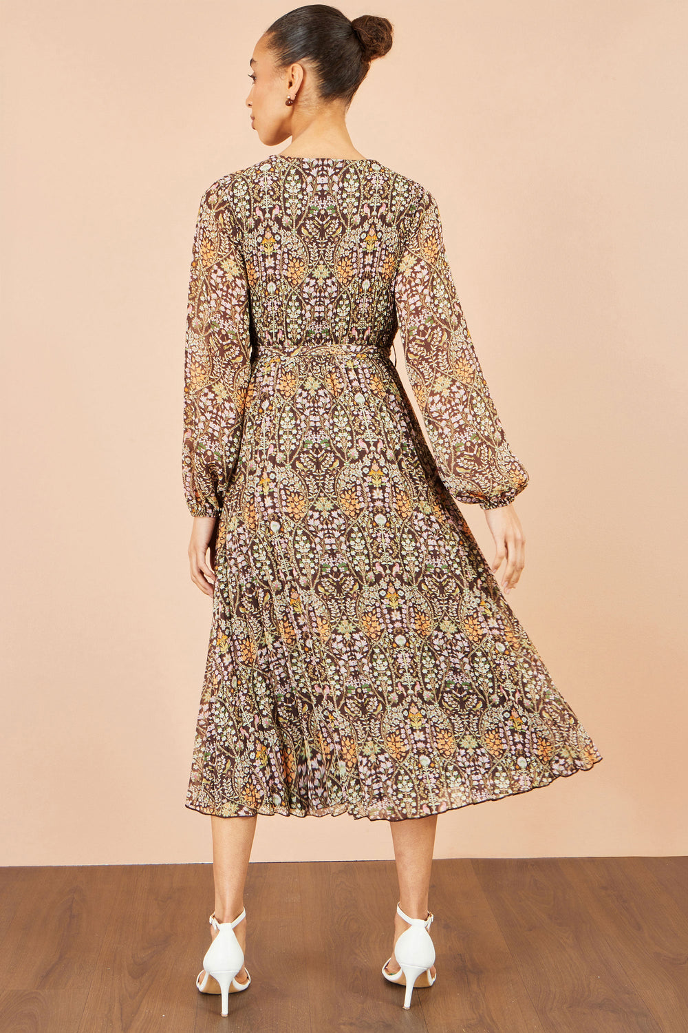 Yumi Brown Ditsy Floral Pleated Midi Dress