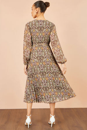 Yumi Brown Ditsy Floral Pleated Midi Dress