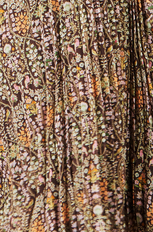 Yumi Brown Ditsy Floral Pleated Midi Dress