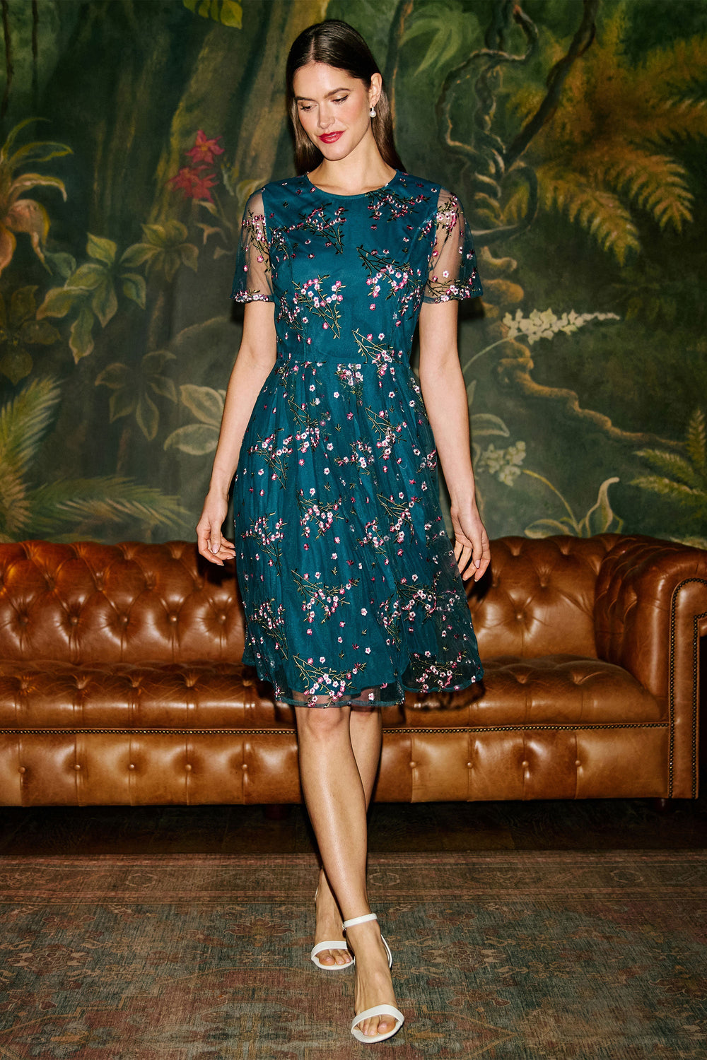 Yumi Teal Embroidered Floral Mesh Prom Dress