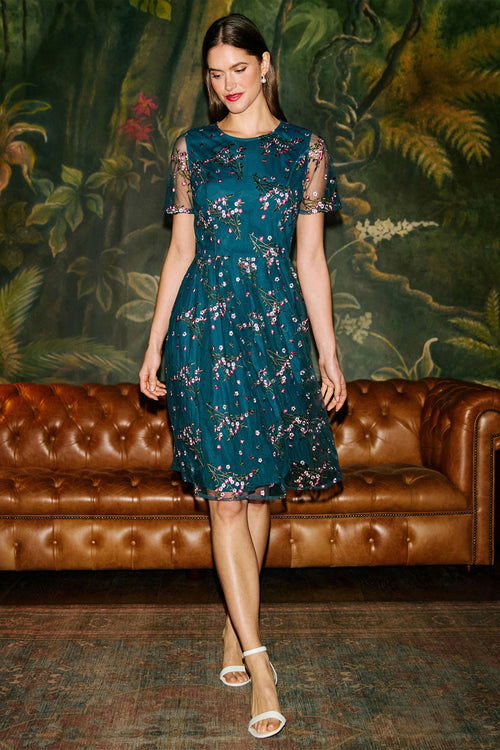 Yumi Teal Embroidered Floral Mesh Prom Dress