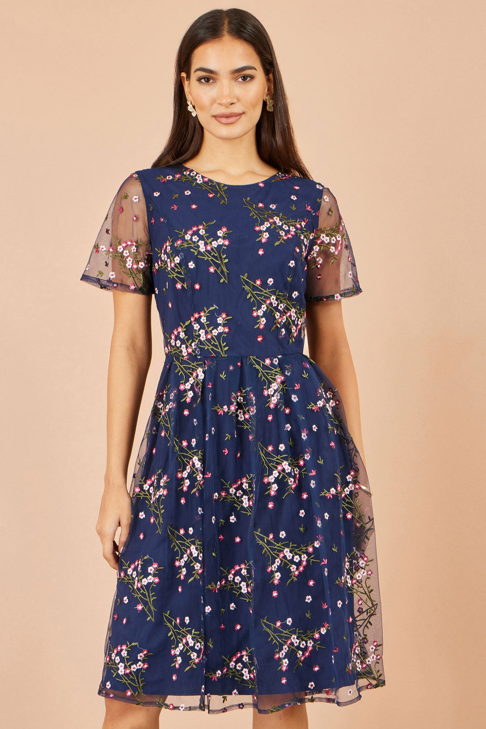 Yumi Navy Embroidered Floral Mesh Prom Dress