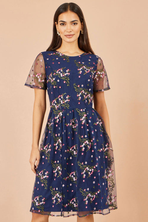 Yumi Navy Embroidered Floral Mesh Prom Dress