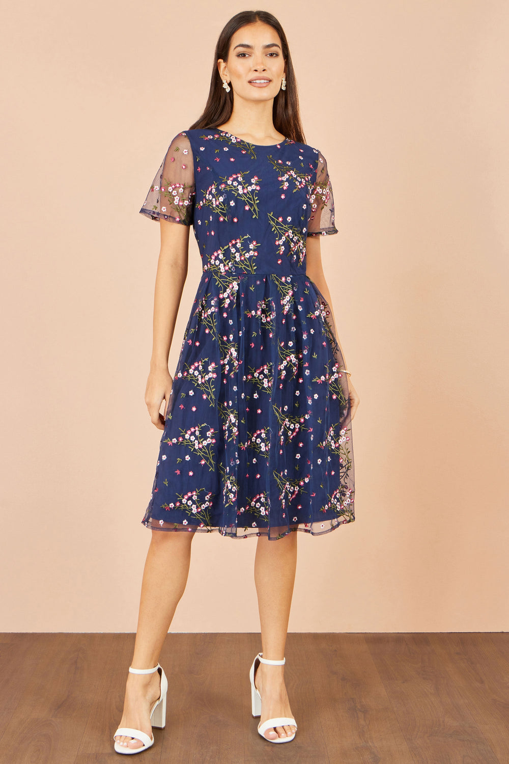 Yumi Navy Embroidered Floral Mesh Prom Dress