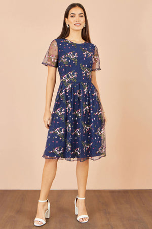 Yumi Navy Embroidered Floral Mesh Prom Dress