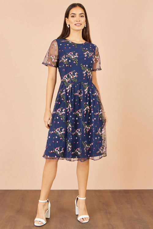 Yumi Navy Embroidered Floral Mesh Prom Dress