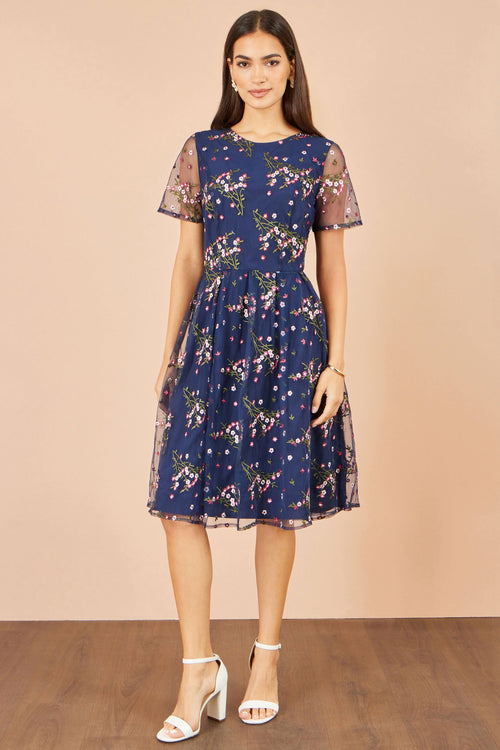 Yumi Navy Embroidered Floral Mesh Prom Dress