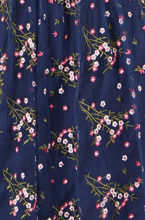 Yumi Navy Embroidered Floral Mesh Prom Dress