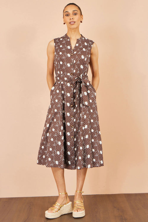 Yumi Brown Cotton Embroidery Shirt Dress