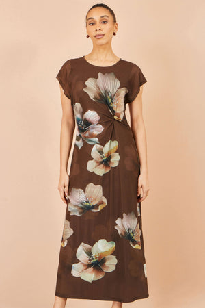 Yumi Brown Mesh Floral Midi Dress