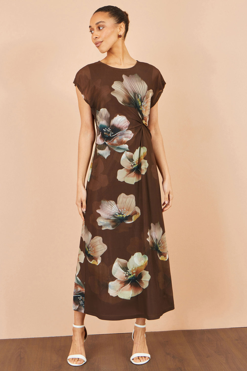 Yumi Brown Mesh Floral Midi Dress
