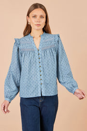 Yumi Blue Cotton Lace Detail Shirt