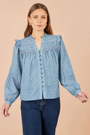 Yumi Blue Cotton Lace Detail Shirt