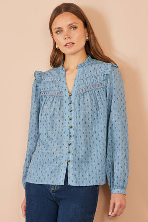 Yumi Blue Cotton Lace Detail Shirt
