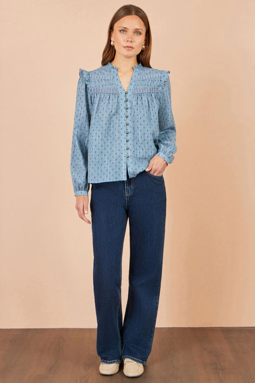Yumi Blue Cotton Lace Detail Shirt