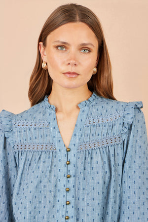 Yumi Blue Cotton Lace Detail Shirt