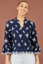 Yumi Navy Broderie Shirt With Fluted Sleeves