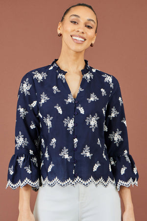 Yumi Navy Broderie Shirt With Fluted Sleeves