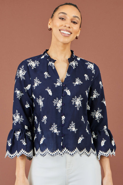 Yumi Navy Broderie Shirt With Fluted Sleeves