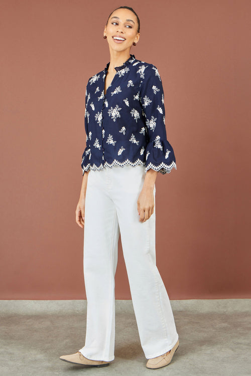 Yumi Navy Broderie Shirt With Fluted Sleeves
