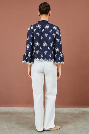 Yumi Navy Broderie Shirt With Fluted Sleeves