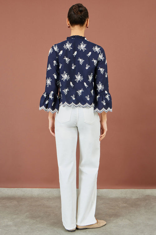 Yumi Navy Broderie Shirt With Fluted Sleeves