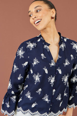 Yumi Navy Broderie Shirt With Fluted Sleeves