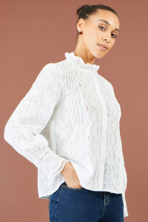 Yumi White Floral Cotton Shirt With Lace Details