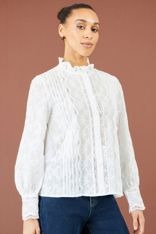 Yumi White Floral Cotton Shirt With Lace Details