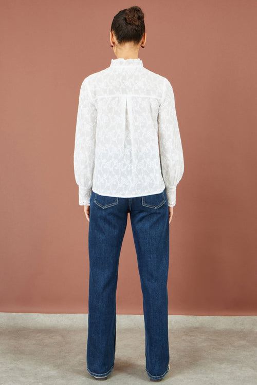 Yumi White Floral Cotton Shirt With Lace Details