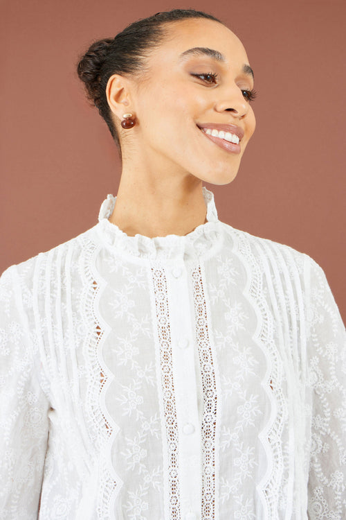 Yumi White Floral Cotton Shirt With Lace Details