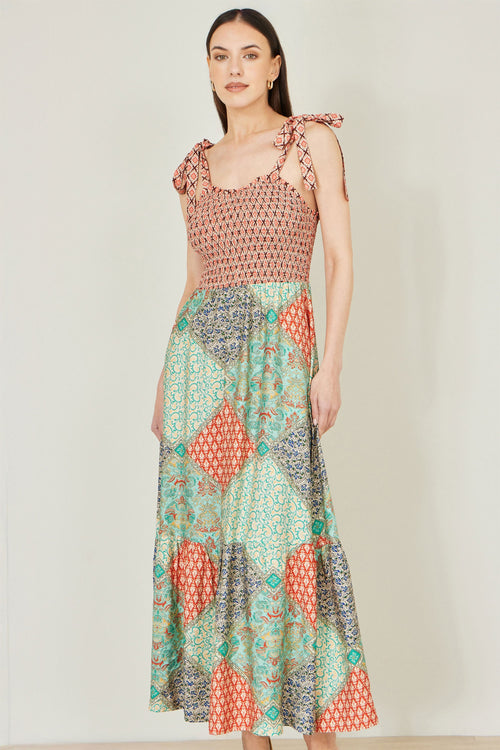 Yumi Multicolour Patchwork Ruched Smocked Maxi Sundress