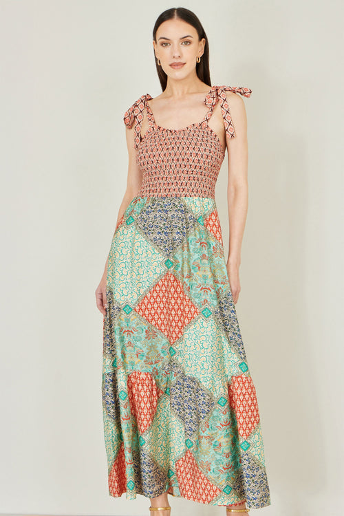 Yumi Multicolour Patchwork Ruched Smocked Maxi Sundress