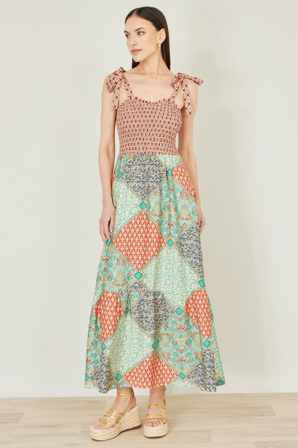 Yumi Multicolour Patchwork Ruched Smocked Maxi Sundress