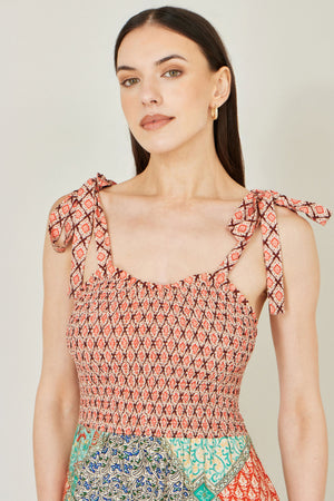 Yumi Multicolour Patchwork Ruched Smocked Maxi Sundress