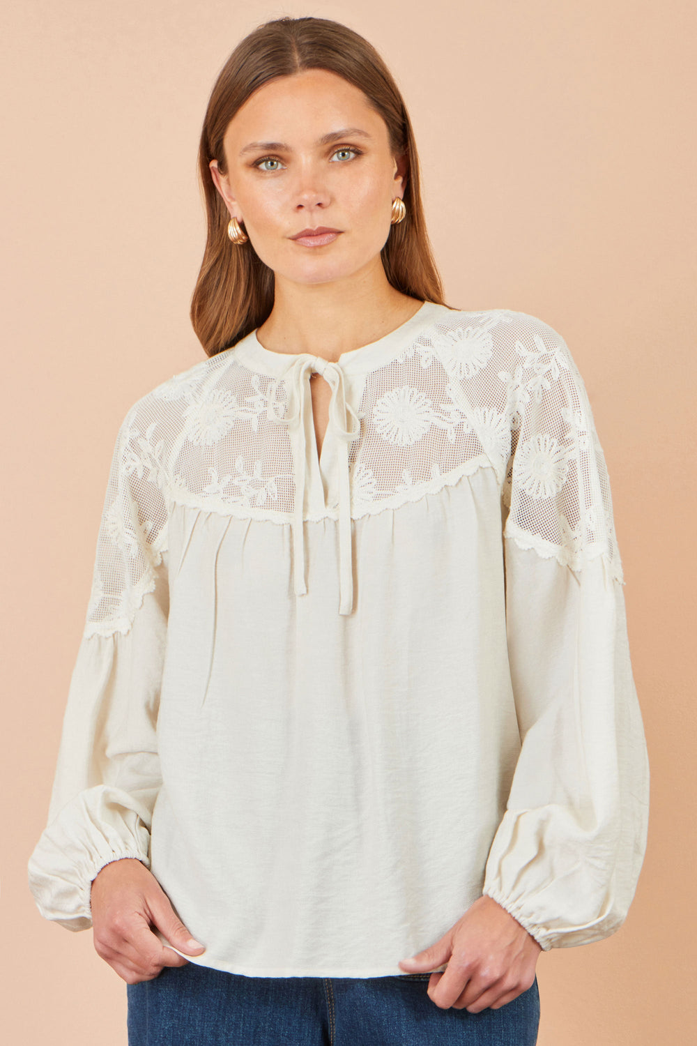 Yumi Ivory Viscose Lace Relaxed Boho Shirt
