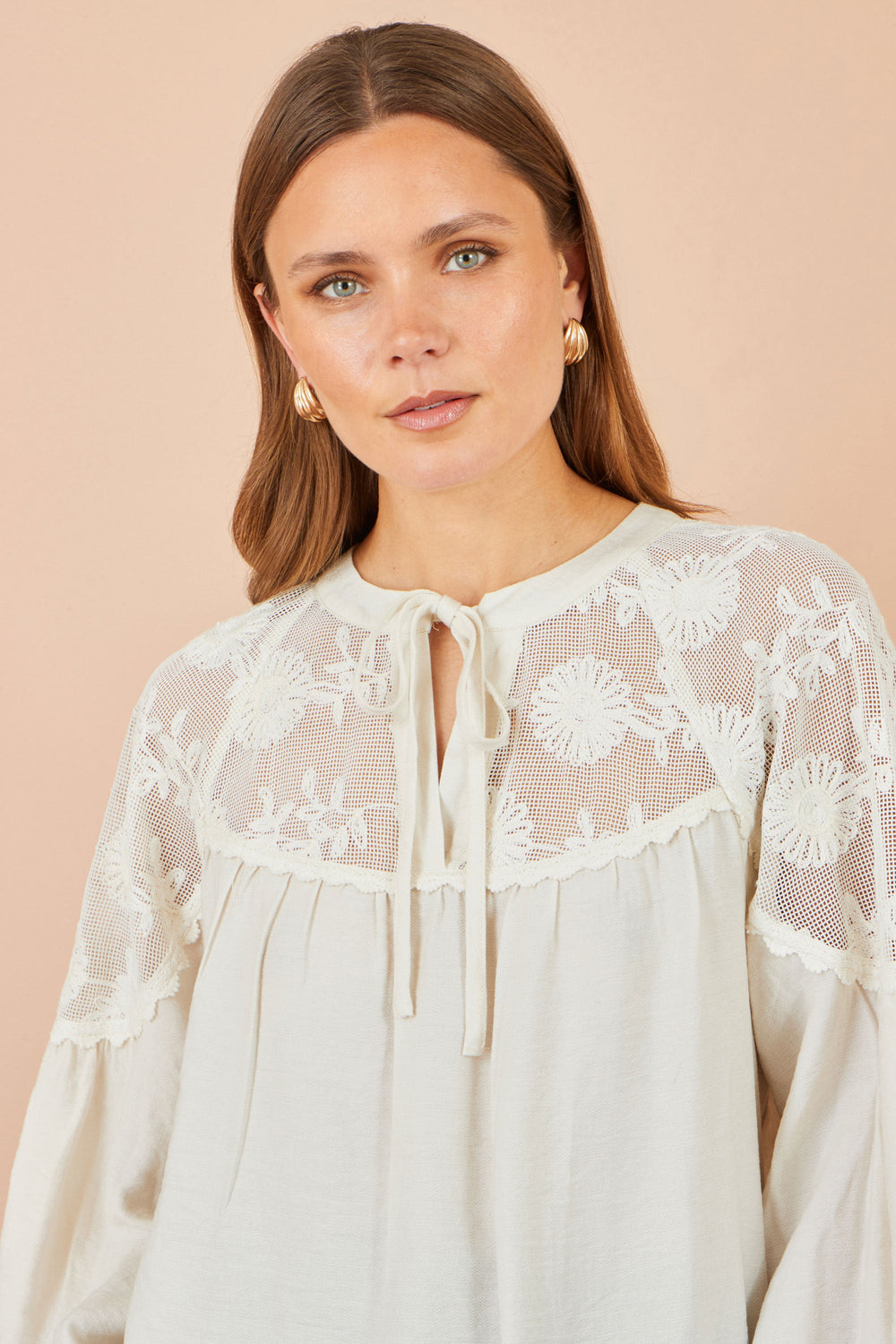 Yumi Ivory Viscose Lace Relaxed Boho Shirt