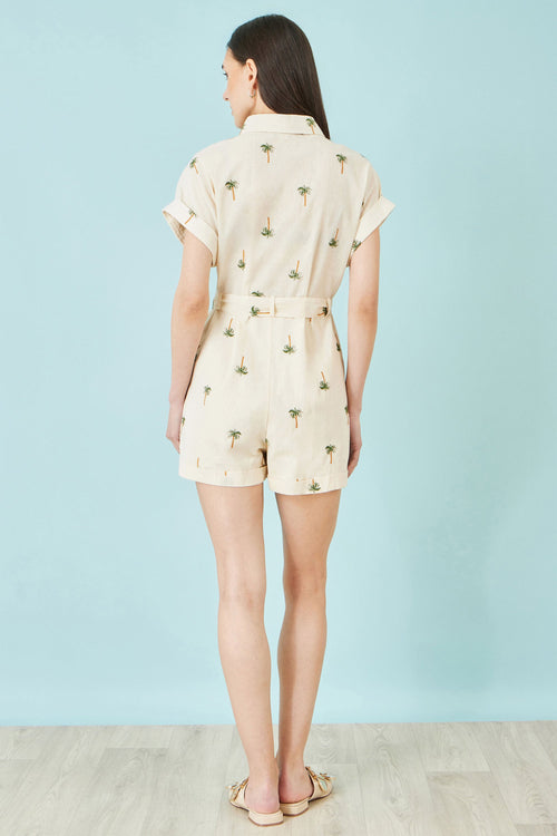 Yumi White Embroidered Palm Print Cotton Playsuit