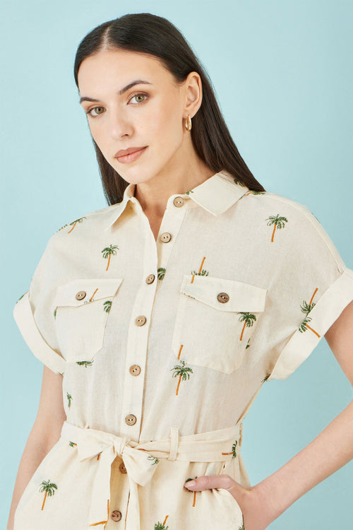 Yumi White Embroidered Palm Print Cotton Playsuit