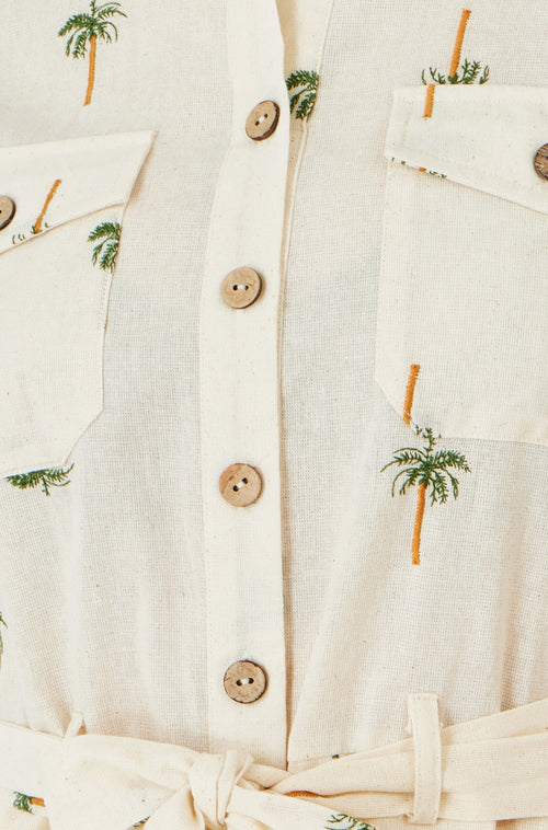Yumi White Embroidered Palm Print Cotton Playsuit