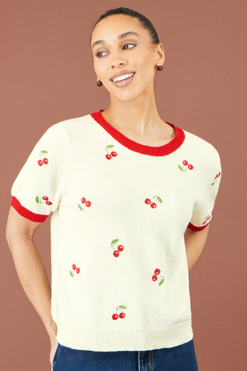Yumi Ivory Cherry Cotton Knitted Top