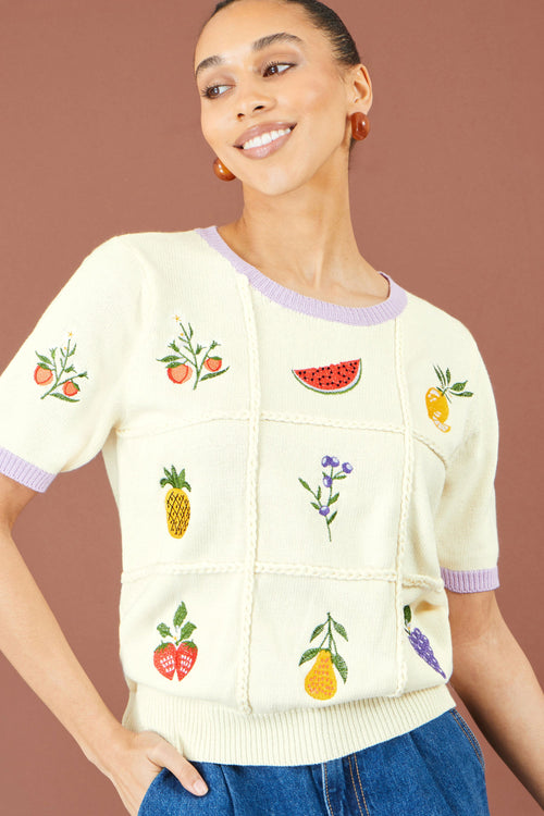 Yumi Ivory Fruit Cotton Knitted Top