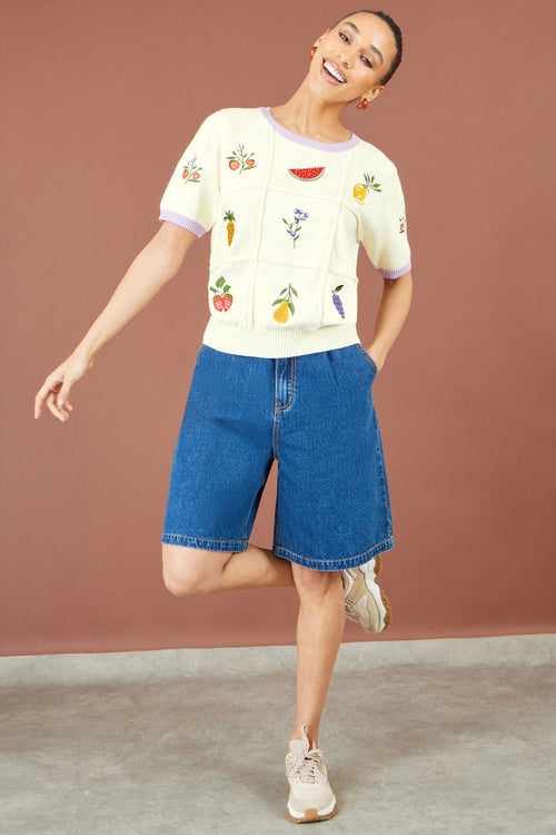 Yumi Ivory Fruit Cotton Knitted Top