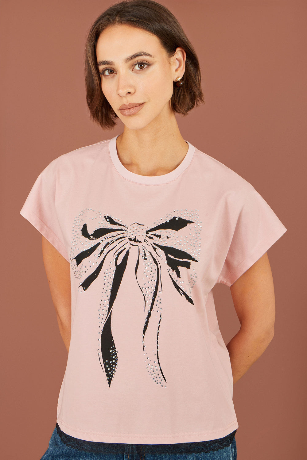 Yumi Pink Bow T-Shirt With Lace