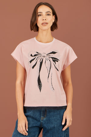 Yumi Pink Bow T-Shirt With Lace