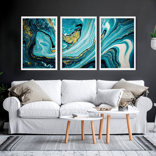Teal Wall Art Set of 3 Framed Prints | Abstract Marble