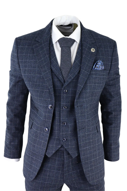 AK-13 - Men's Tweed 3 Piece Suit Blue Check 1920s Gatsby Blinders